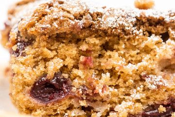 Cherry cake on the plate with copy space