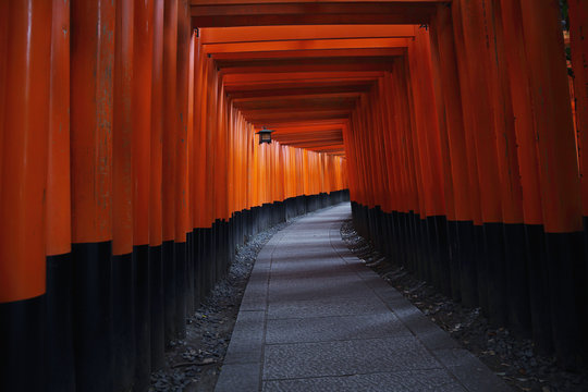 Red Tori Gate at Fushimi Inari Shrine in Kyoto , Japan