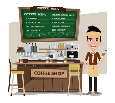 coffee bar and barista. Flat style illustration. EPS 10 vector.