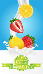 Colorful fresh fruits falling into the milky splash. Vector illustration