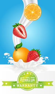 Colorful fresh fruits falling into the milky splash. Vector illustration