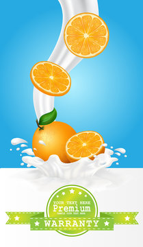 Colorful fresh fruits falling into the milky splash. Vector illustration