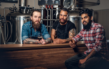 Stylishthree men men drinking craft beer in the microbrewery.