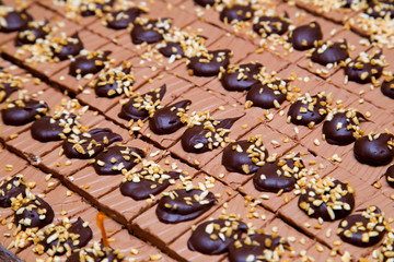 Close-up photograph of chocolate cake for use as an abstract