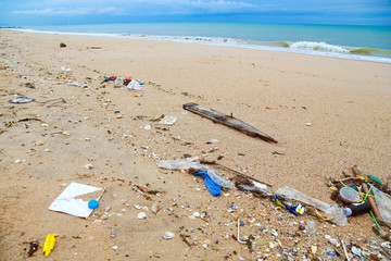 Fototapeta na wymiar Pollution on the beach of tropical sea.