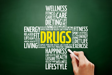 DRUGS word cloud collage, health concept on blackboard