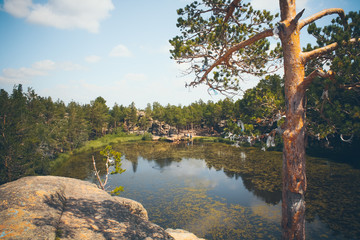 Mountain lake in the background of mountains and sky