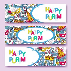 Purim coloreful banners collection with carnival masks and jester hats, crowns, traditional Hamantaschen cookies. Vector illustration.