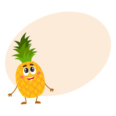 Funny pineapple character standing and looking up, cartoon vector illustration with place for text. Funny pineapple character, mascot standing and looking at something above
