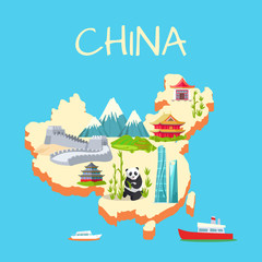 China with its Traditional Elements Signs on Blue