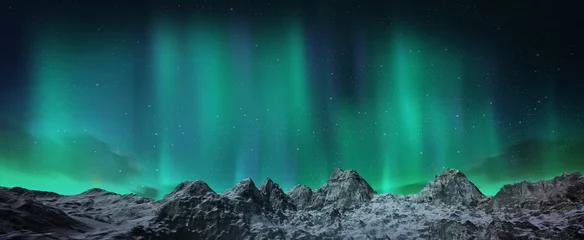 Poster Aurora borealis boven besneeuwde eilanden © Aomarch