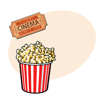 Cinema objects - popcorn bucket and retro style ticket, sketch vector illustration with place for text. Typical movie attributes like popcorn in red and white bucket and cinema ticket