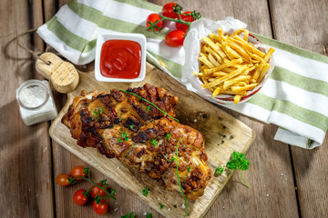 Roasted pork knuckle with french fries