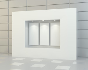 Blank white posters in showcase, 3D Rendering