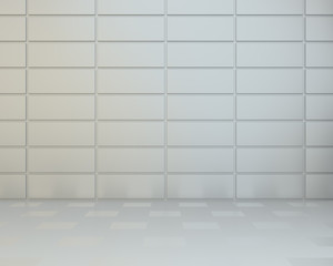 Empty room wall tiles with reflections on the floor. 3d rendering