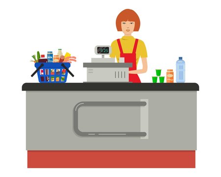 Web banner of a supermarket cashier. The young woman is standing near the cash register. There is also a shopping cart with products in the picture. Vector flat illustration.
