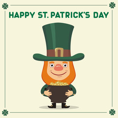 Happy Saint Patrick's Day! Funny leprechaun with pot of gold. National Irish holiday.