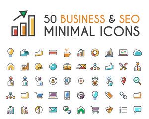 Set of 50 Minimalistic Solid Line Coloured Business and SEO Icons . Isolated Vector Elements