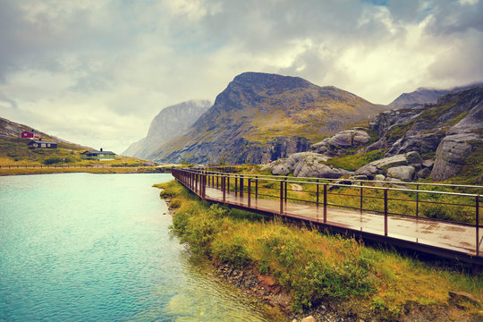 The metal pathway along the river on the mountain. Trollstigen, Trolls Path, Norway