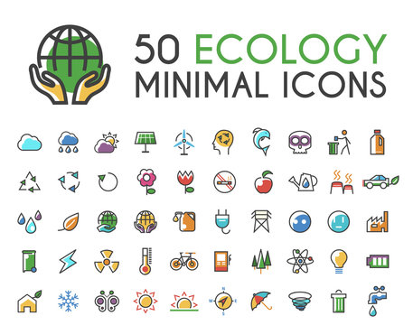 Set of 50 Minimalistic Solid Line Coloured Ecology Icons . Isolated Vector Elements