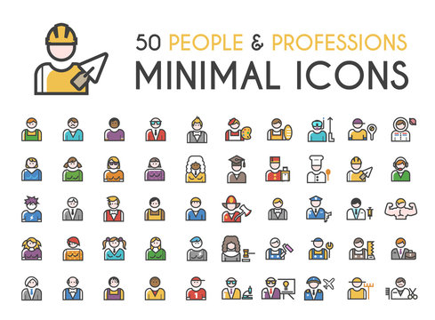 Set of 50 Minimalistic Solid Line Coloured People and Professions Icons . Isolated Vector Elements