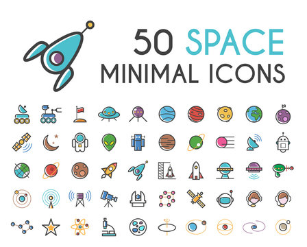 Set of 50 Minimalistic Solid Line Coloured Space Icons . Isolated Vector Elements