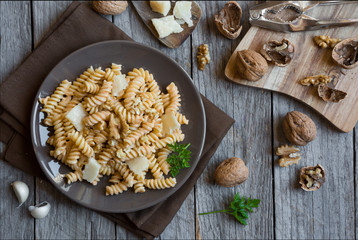 Fusilli pasta with walnut sauce