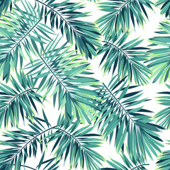 Naklejka na ściany i meble Tropical pattern with exotic plants. Seamless vector tropical pattern with green phoenix palm leaves.