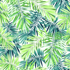 Obrazy na Szkle  Jasnozielone tło z tropikalnymi roślinami. Bezszwowe wektor egzotyczny wzór z liści palmowych feniksa.