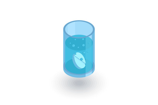 asperin pill, glass of water isometric flat icon. 3d vector colorful illustration. Pictogram isolated on white background