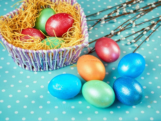 Easter Pussy-willow and Easter egg on authentic background. Happy Easter card