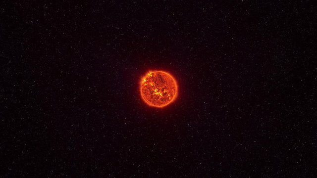 Loopable: Approaching the Sun with clearly visible surface with solar flares. Elements of this clip furnished by NASA. The Sun spinning in space against 3D star background.