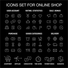Icons set for online shop. Thin lines. White on black.
