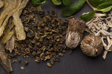 Assortment of dry tea. Tea composition with different kind of tea. Tea concept