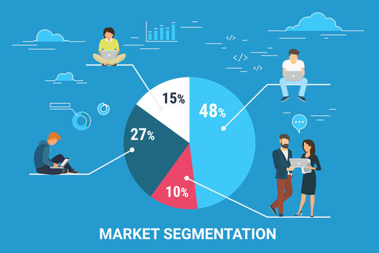 Market segmentation infographic vector illustration of professional people sitting on round diagram with divided segments. Flat people working with laptop to develop business. Blue business background