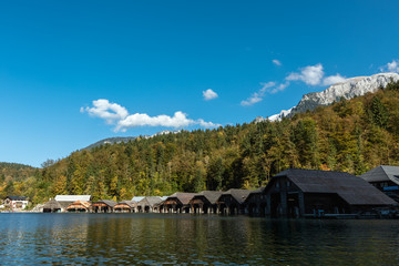 Boathouse on green water Konigsee mountain lake, Berchtesgaden National Park, German