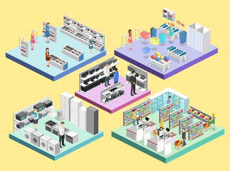 isometric interior shopping mall, grocery, computer, household, equipment store.