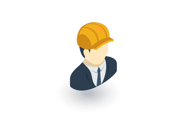 Engineer avatar, architect in helmet isometric flat icon. 3d vector colorful illustration. Pictogram isolated on white background