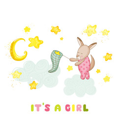 Baby Shower or Arrival Card - Baby Girl Kangaroo Catching Stars - in vector