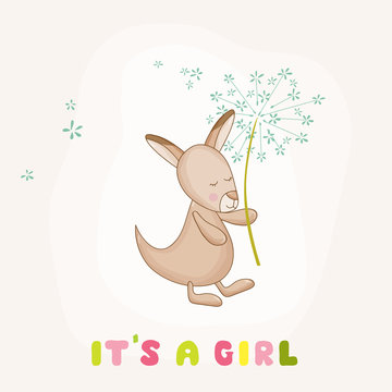 Baby Girl Kangaroo Holding Flower - Baby Shower or Arrival Card - in vector
