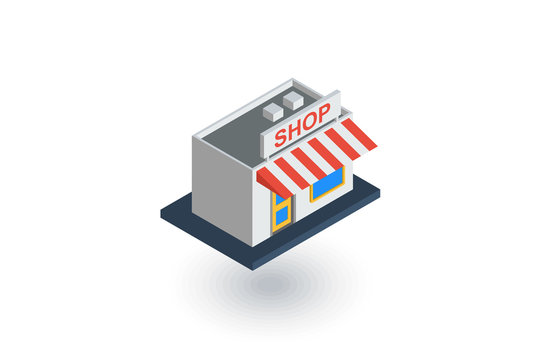 Shop building isometric flat icon. 3d vector colorful illustration. Pictogram isolated on white background