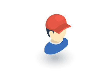 little boy in red cap isometric flat icon. 3d vector colorful illustration. Pictogram isolated on white background