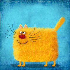 Yellow Fluffy Cat On Gradient Blue Background