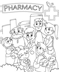 Pharmacy chemist, parents, grandparents and children outside a drugstore