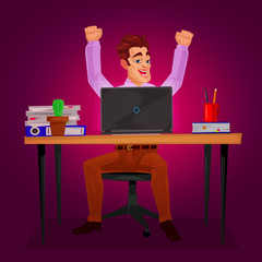 Male worker triumphantly raised his hands