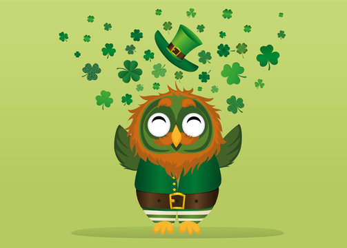 happy owl with a beard in a suit and hat on St. Patrick's day smiles and throws a lot of clover of the three-leafed wings. Greeting card or invitation.