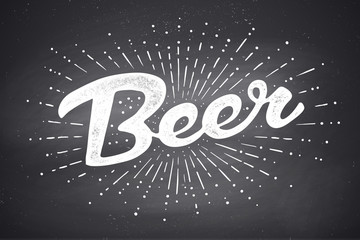 Hand drawn lettering Beer on chalkboard background. Monochrome vintage drawing for bar, pub and trendy beer themes. Print for poster, menu, sticker, t-shirt. Vector Illustration