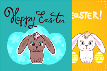 Colorful Happy Easter greeting card with grey bunny and eggs. Cute rabbit. Easter postcard.