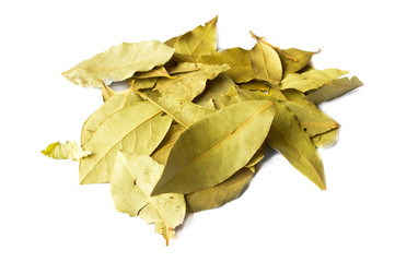 Spices dried bay leaves isolated on white background.