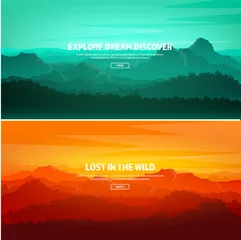 Wall murals Green Coral Mountains and forest. Wild nature landscape. Travel and adventure.Panorama. Into the woods. Horizon line.Trees,fog,wood.Backgrounds se